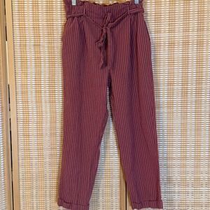 Sierra Sky Womens L Pants Mauve Striped Paperbag Waist Tie Belt Cuffed Boho